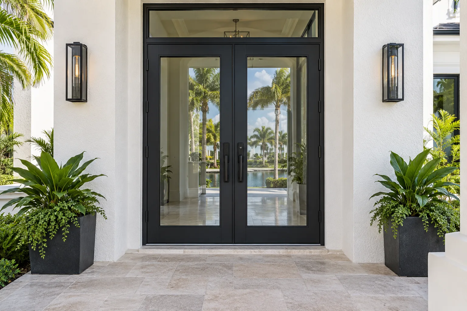 Black framed double glass entry doors