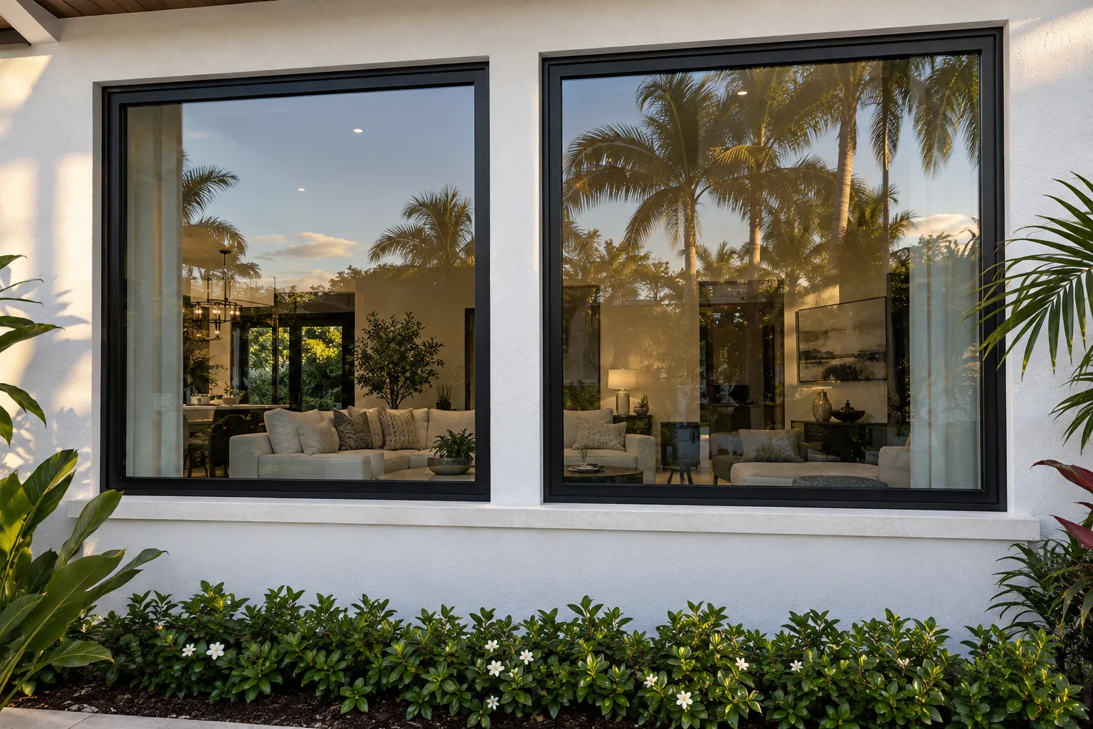 Two black framed fixed windows above a white stucco sill