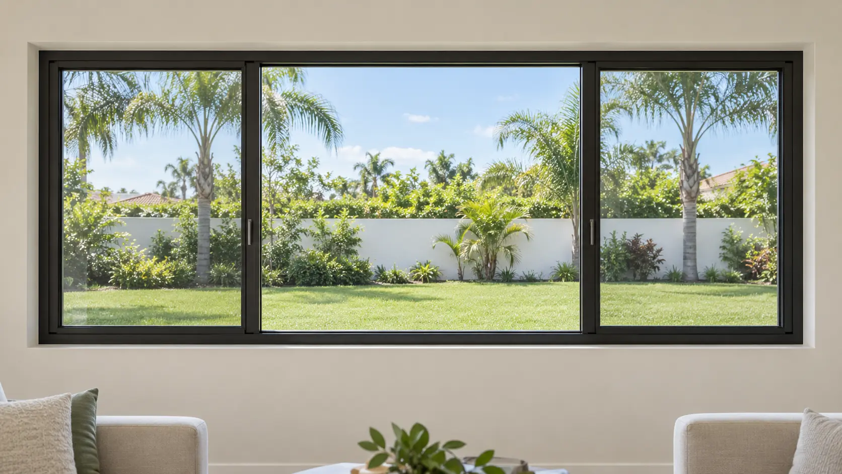 Three-panel charcoal aluminum horizontal sliding window with a large fixed center panel and two smaller side sashes