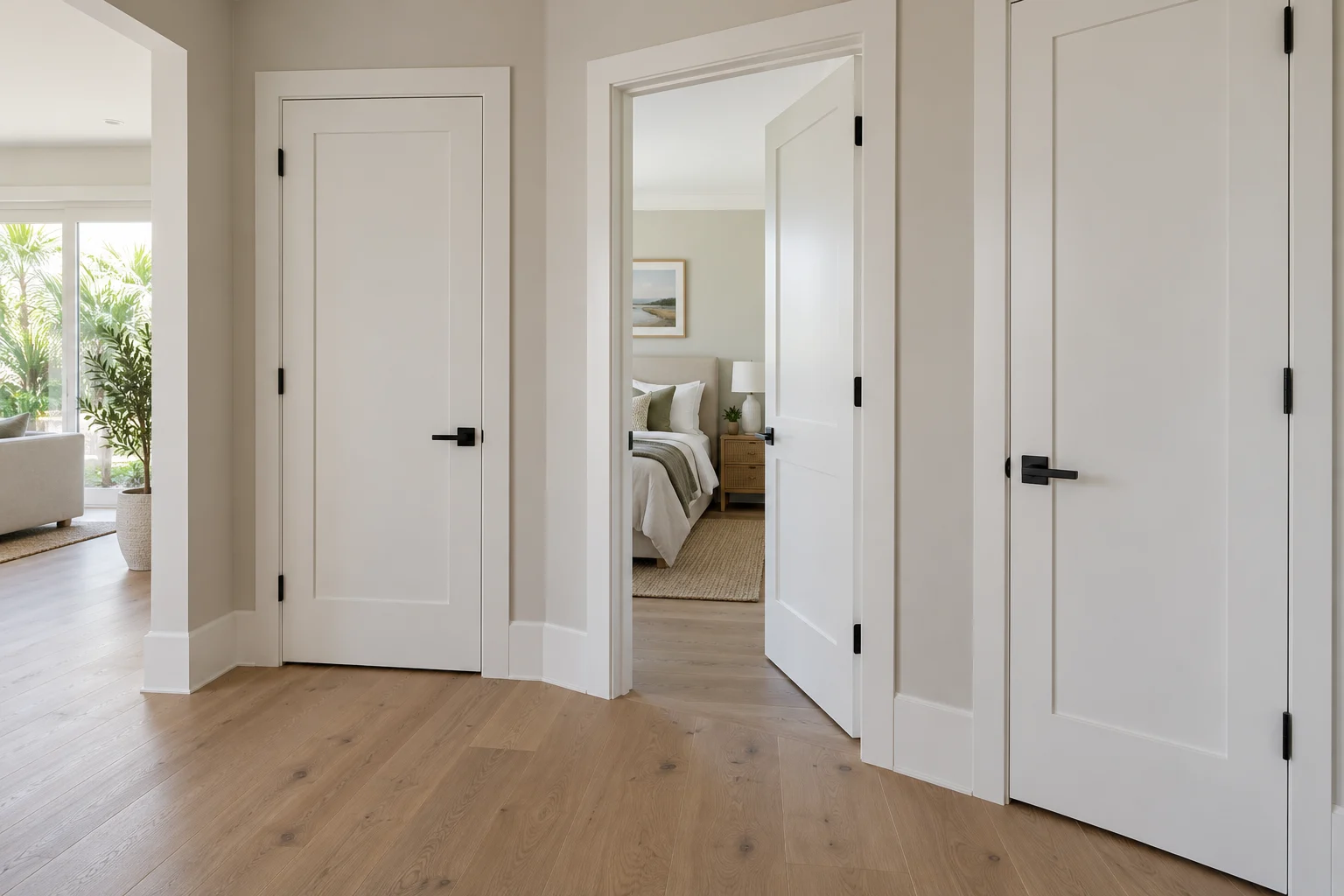 White shaker interior doors with black handles and light oak flooring