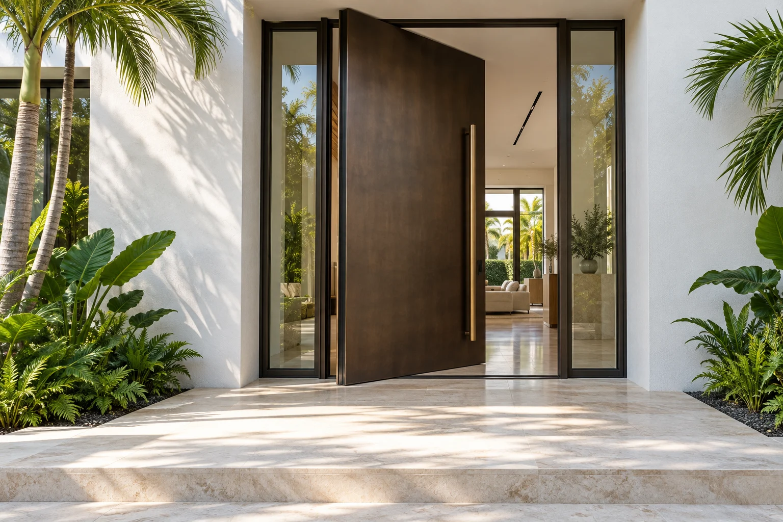 Dark bronze pivot entry door opening into a South Florida home