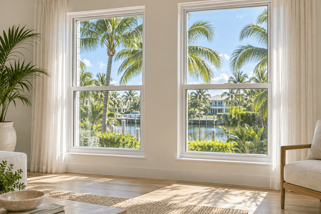 White single-hung windows viewed from a bright living room