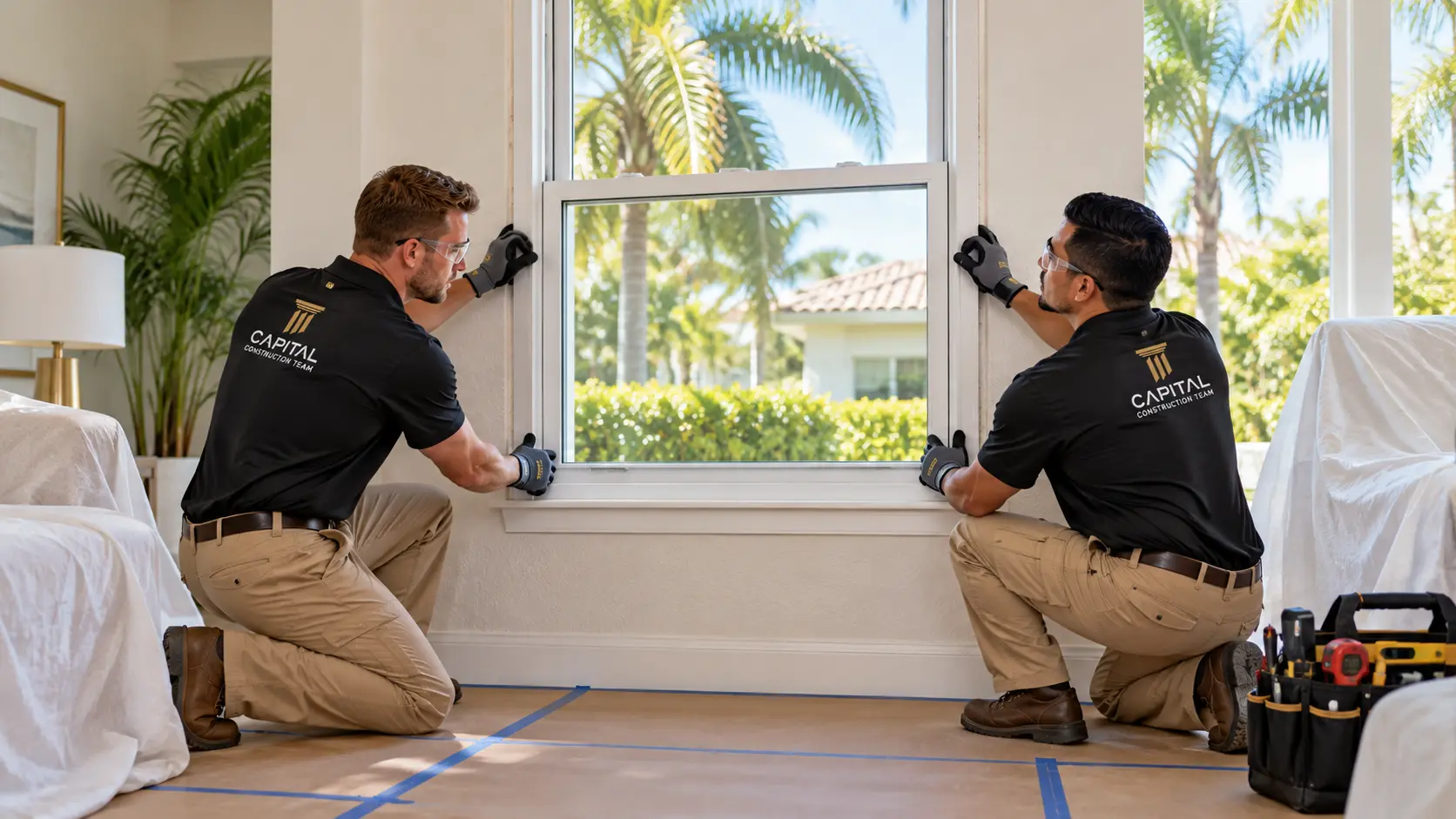 Two installers replacing a window with floors and furniture protected