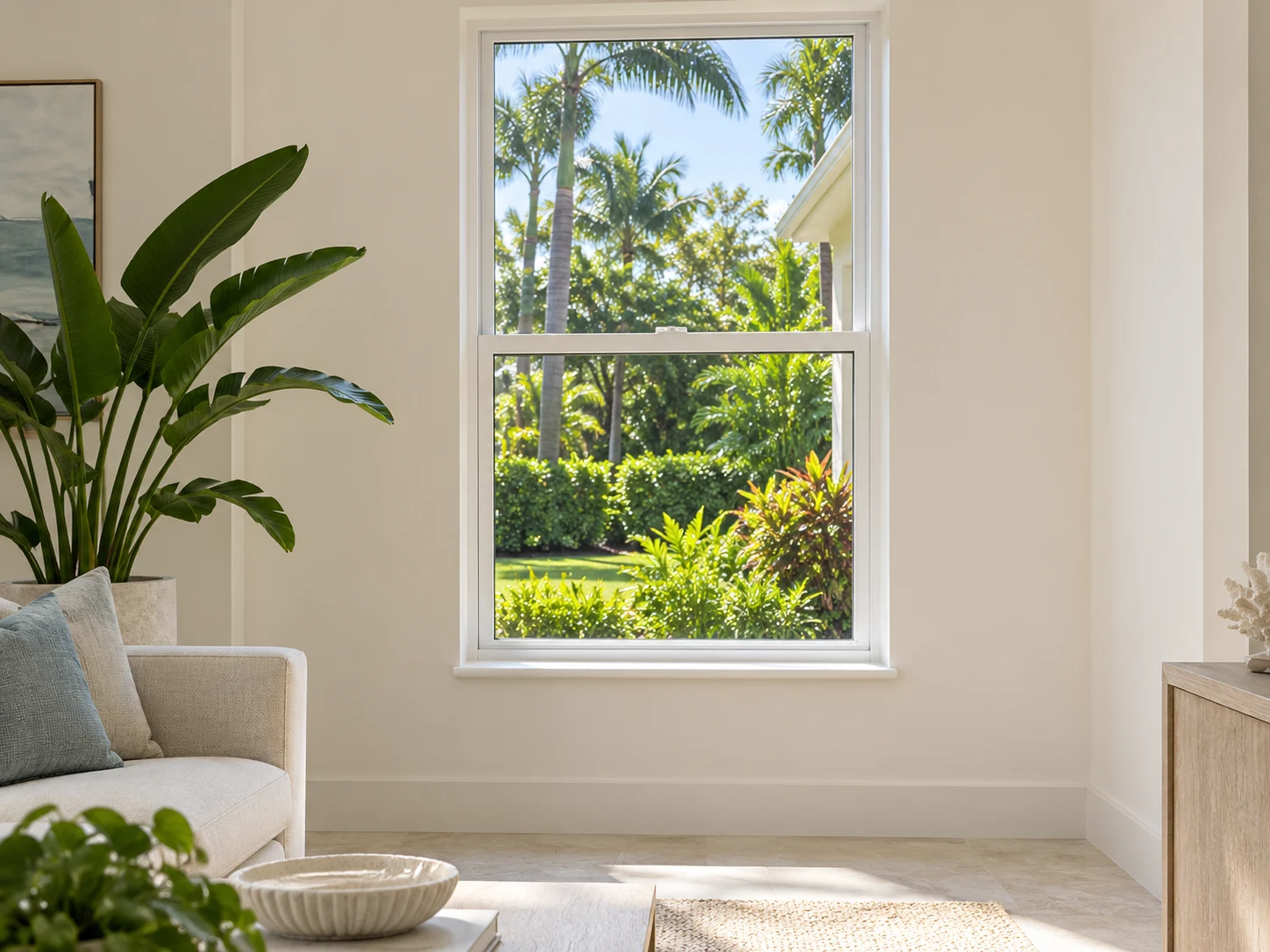 White single-hung window with fixed upper glass and lower sash