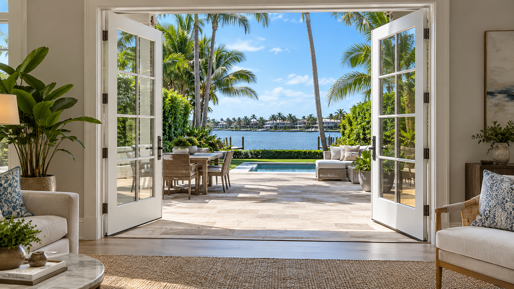 White French doors opening outward from a living room to a spacious patio