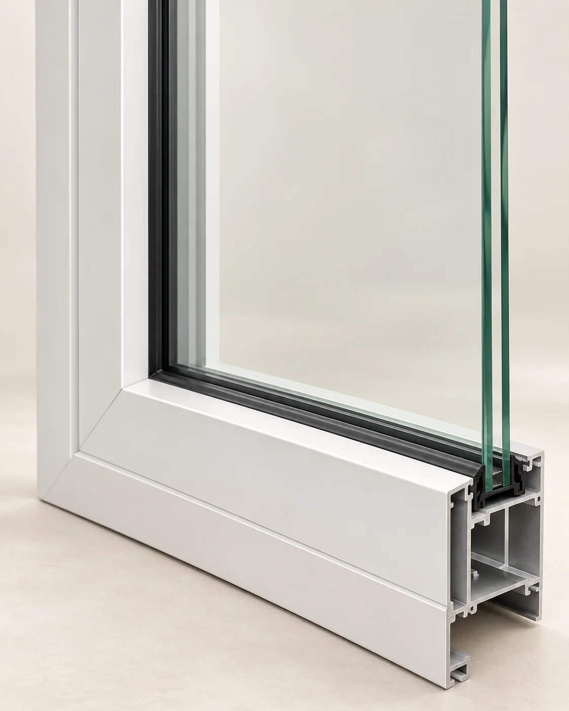 Close-up of a white aluminum window corner and glazing
